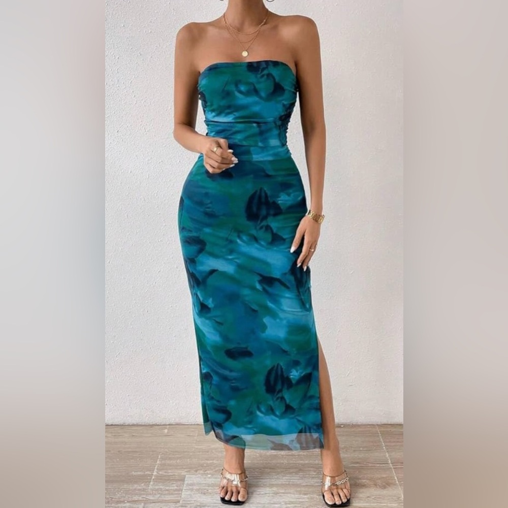 NEW Blue and Green Floral Strapless Dress XXL or Size 14